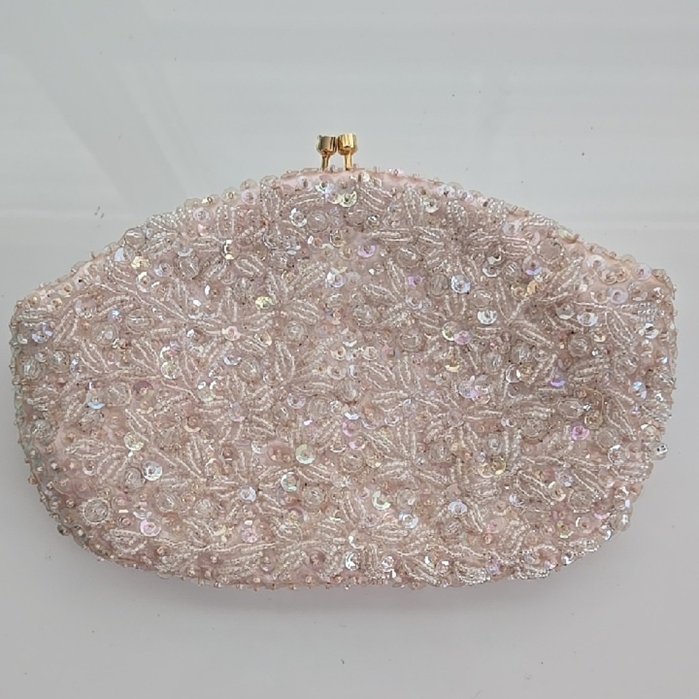 Vintage Handmade Beaded Clutch in Soft Pink 60's